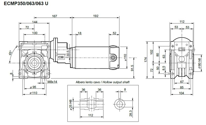 Moto-réducteur 24 volts Transtecno ECMP350-063-063-U