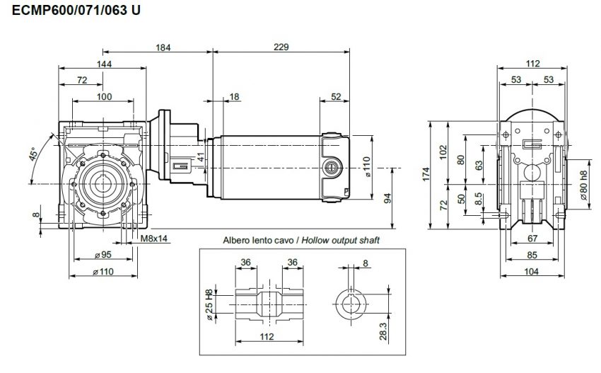motoréducteur 12V Transtecno roue et vis ECMP600/071/063 800W