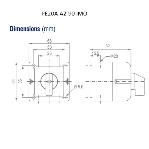Boitier Commutateur PE20A-A2-90 IMO dimensions