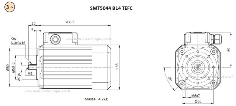 Moteur Transtecno triphasé SMT5044 TEFC IP66 0.12KW 1500 56B14 Dimensions