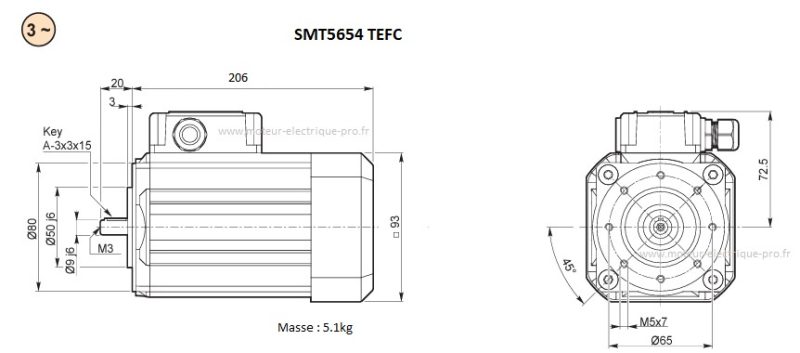 Moteur Triphasé Transtecno SMT5654 TEFC IP66 0.25KW 1500 56B14 Dimensions