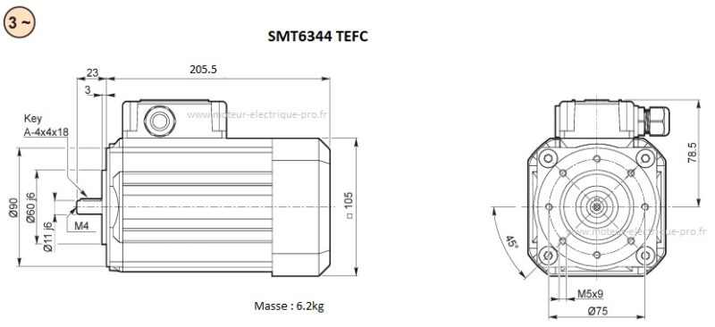 Moteur Triphasé Transtecno SMT6344 TEFC IP66 0.37KW 1500 63B14 Dimensions